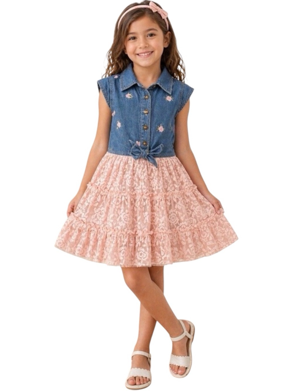 Zunie Girls Blue Pink Denim & Lace Floral Embroidered Dress Size Small 7/8
